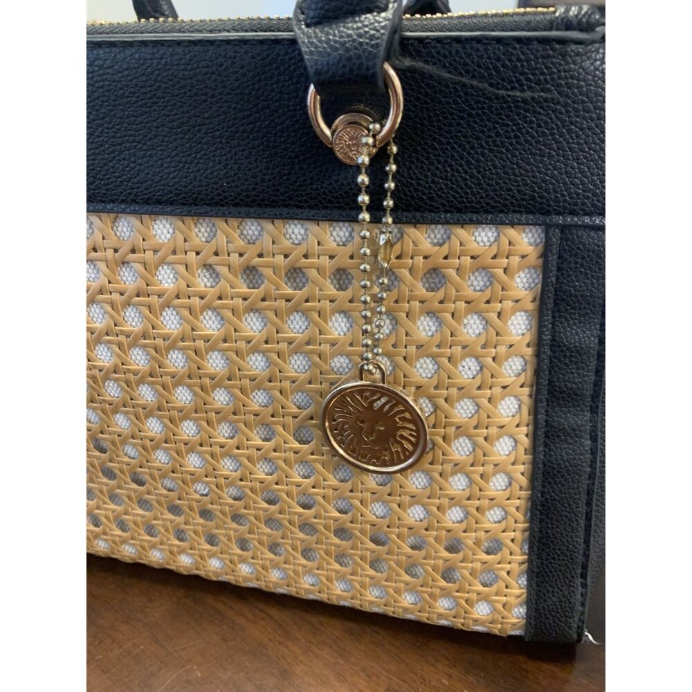 Anne Klein Black & Tan Leather Woven Straw Handbag with Gold Accents - Picture 3 of 8